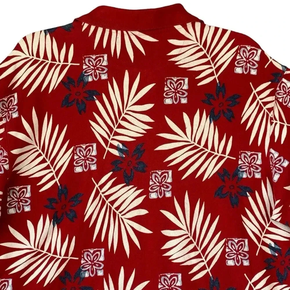 Ralph Lauren Chaps Vintage Hawaiian Short Sleeve Knit Polo Shirt XL Red Cotton